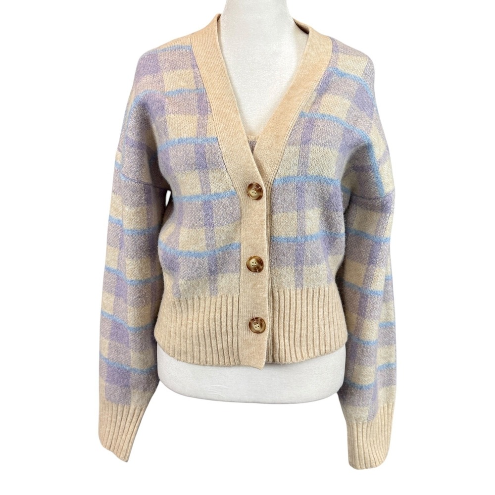 ASTR The Label Cardigan Top Set Womens Small Lilac Plaid Knit 2 Piece Cropped